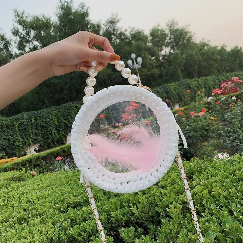 Cute Round White(Flap) Crochet Crossbody Purse PMMA Crochet Shoulder Round Handbag for Girl Circle Crochet Crossbody Purses