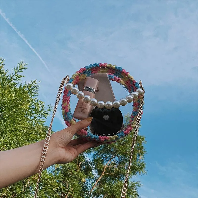 Cute Round White(Flap) Crochet Crossbody Purse PMMA Crochet Shoulder Round Handbag for Girl Circle Crochet Crossbody Purses