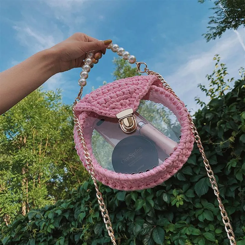 Cute Round White(Flap) Crochet Crossbody Purse PMMA Crochet Shoulder Round Handbag for Girl Circle Crochet Crossbody Purses