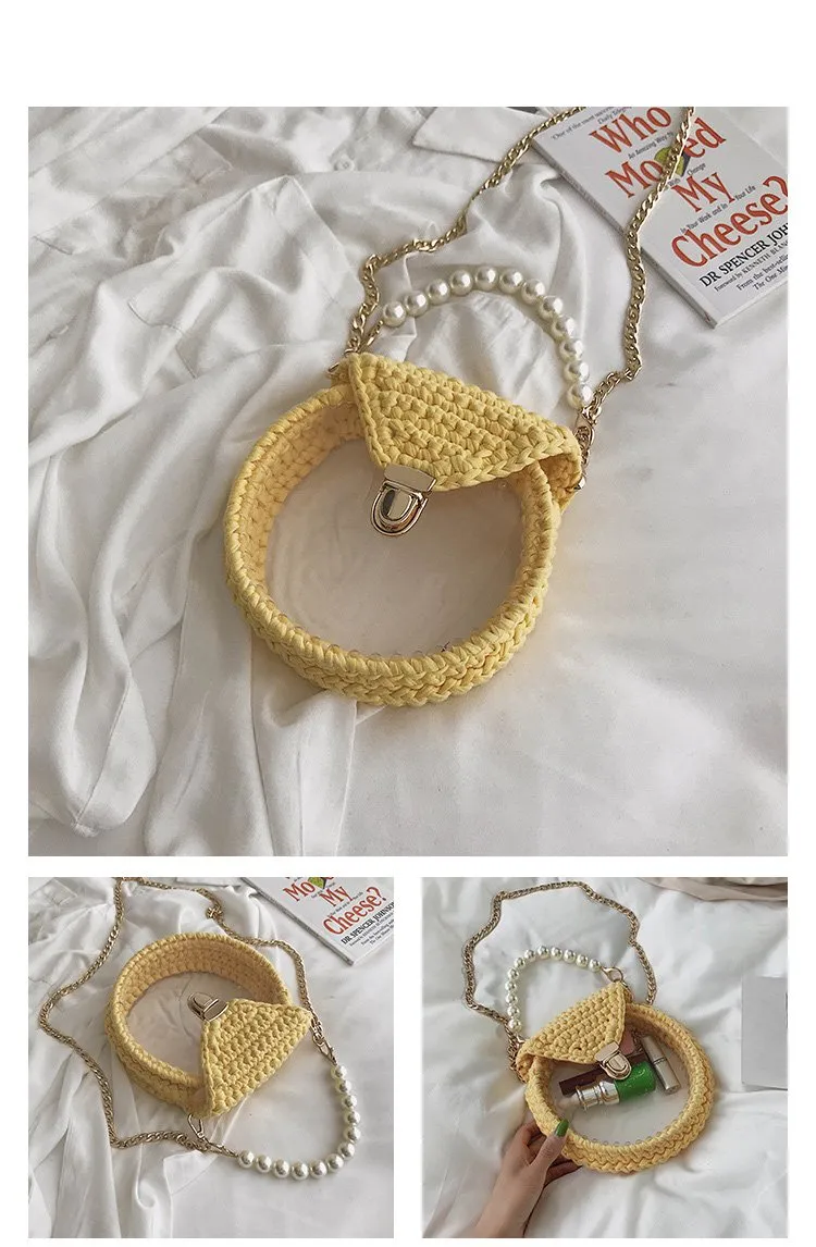 Cute Round White(Flap) Crochet Crossbody Purse PMMA Crochet Shoulder Round Handbag for Girl Circle Crochet Crossbody Purses