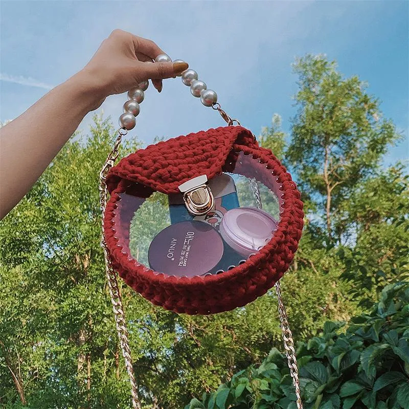 Cute Round White(Flap) Crochet Crossbody Purse PMMA Crochet Shoulder Round Handbag for Girl Circle Crochet Crossbody Purses