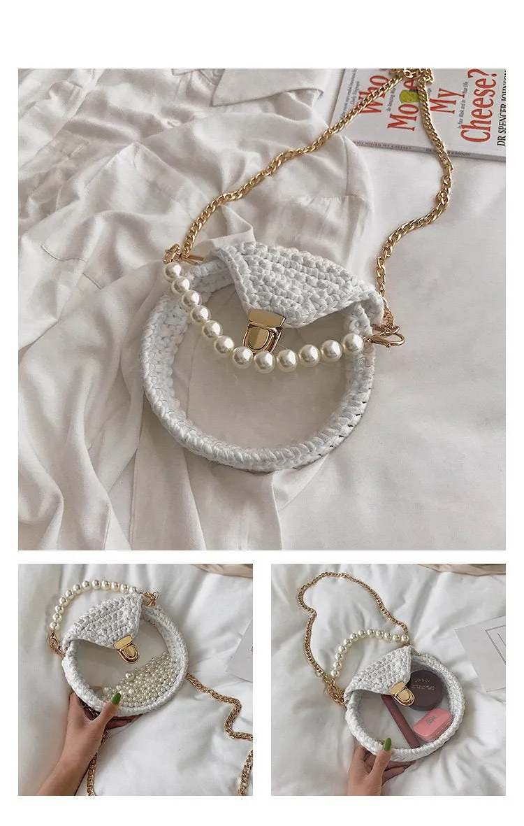 Cute Round White(Flap) Crochet Crossbody Purse PMMA Crochet Shoulder Round Handbag for Girl Circle Crochet Crossbody Purses