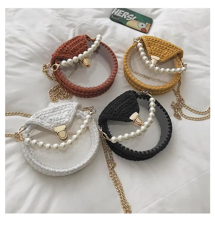 Cute Round White(Flap) Crochet Crossbody Purse PMMA Crochet Shoulder Round Handbag for Girl Circle Crochet Crossbody Purses