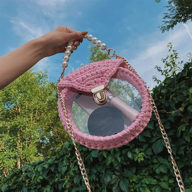 Cute Round White(Flap) Crochet Crossbody Purse PMMA Crochet Shoulder Round Handbag for Girl Circle Crochet Crossbody Purses