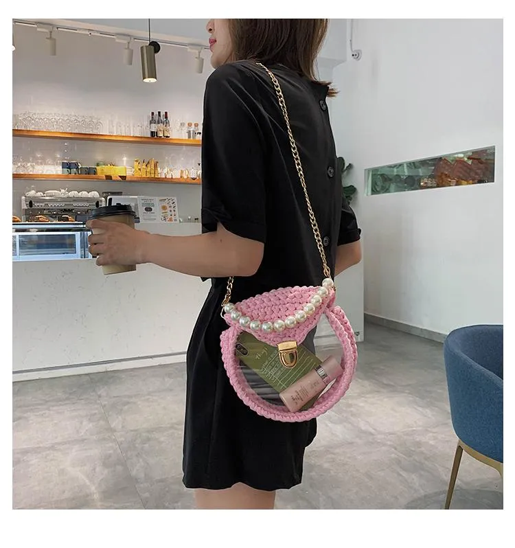 Cute Round White(Flap) Crochet Crossbody Purse PMMA Crochet Shoulder Round Handbag for Girl Circle Crochet Crossbody Purses
