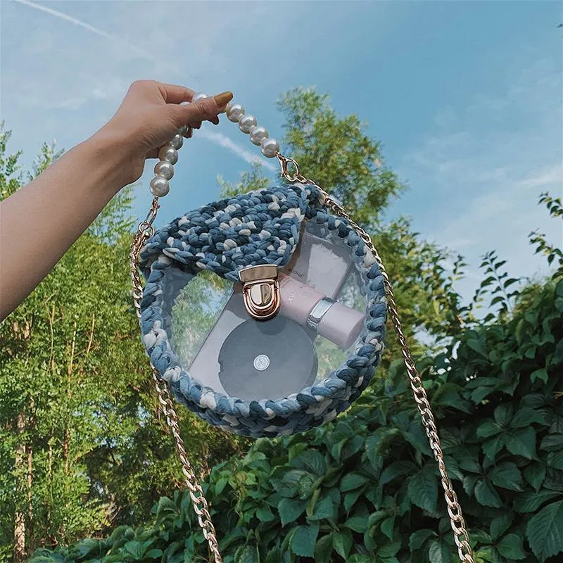 Cute Round White(Flap) Crochet Crossbody Purse PMMA Crochet Shoulder Round Handbag for Girl Circle Crochet Crossbody Purses