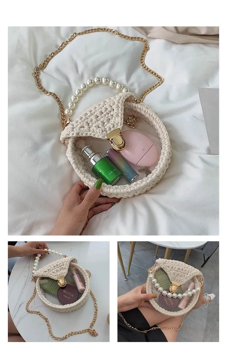 Cute Round White(Flap) Crochet Crossbody Purse PMMA Crochet Shoulder Round Handbag for Girl Circle Crochet Crossbody Purses