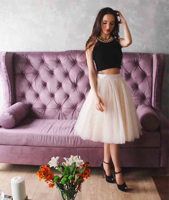 Cute two pieces champagne tulle short prom dress, cute homecoming dress