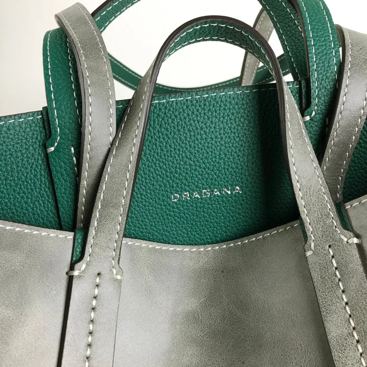 Cute Womens Green&Brown Leather Shoulder Tote Bag Best Tote Handbag Shopper Bag Purse for Ladies