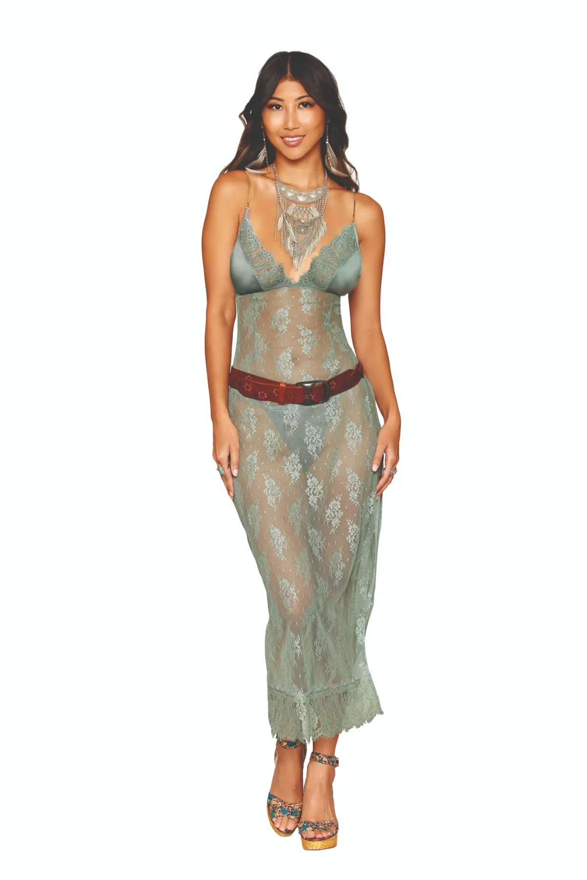 Delicate Eyelash Lace and Satin Long Chemise and G-string Set