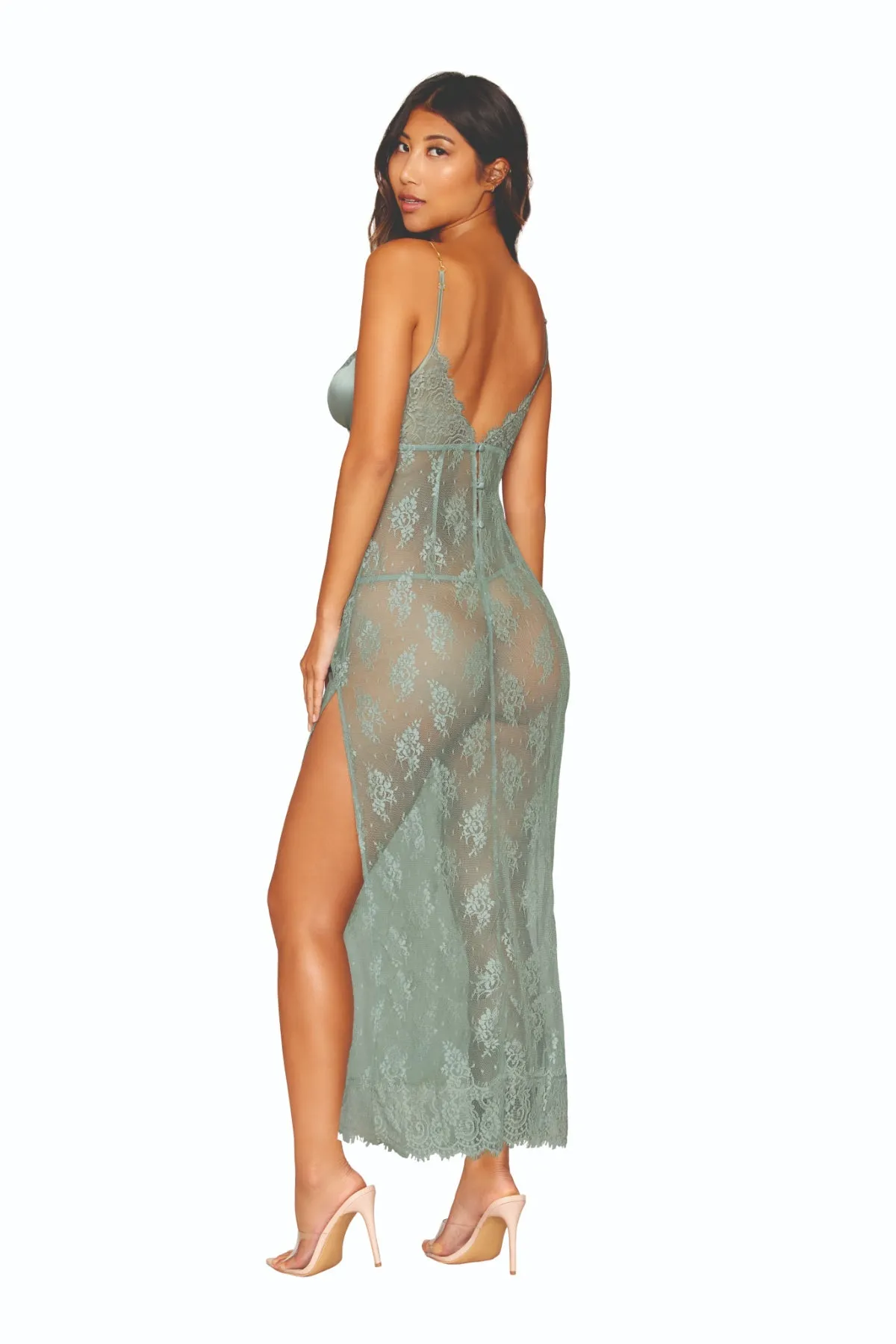 Delicate Eyelash Lace and Satin Long Chemise and G-string Set