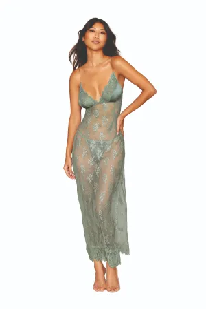 Delicate Eyelash Lace and Satin Long Chemise and G-string Set