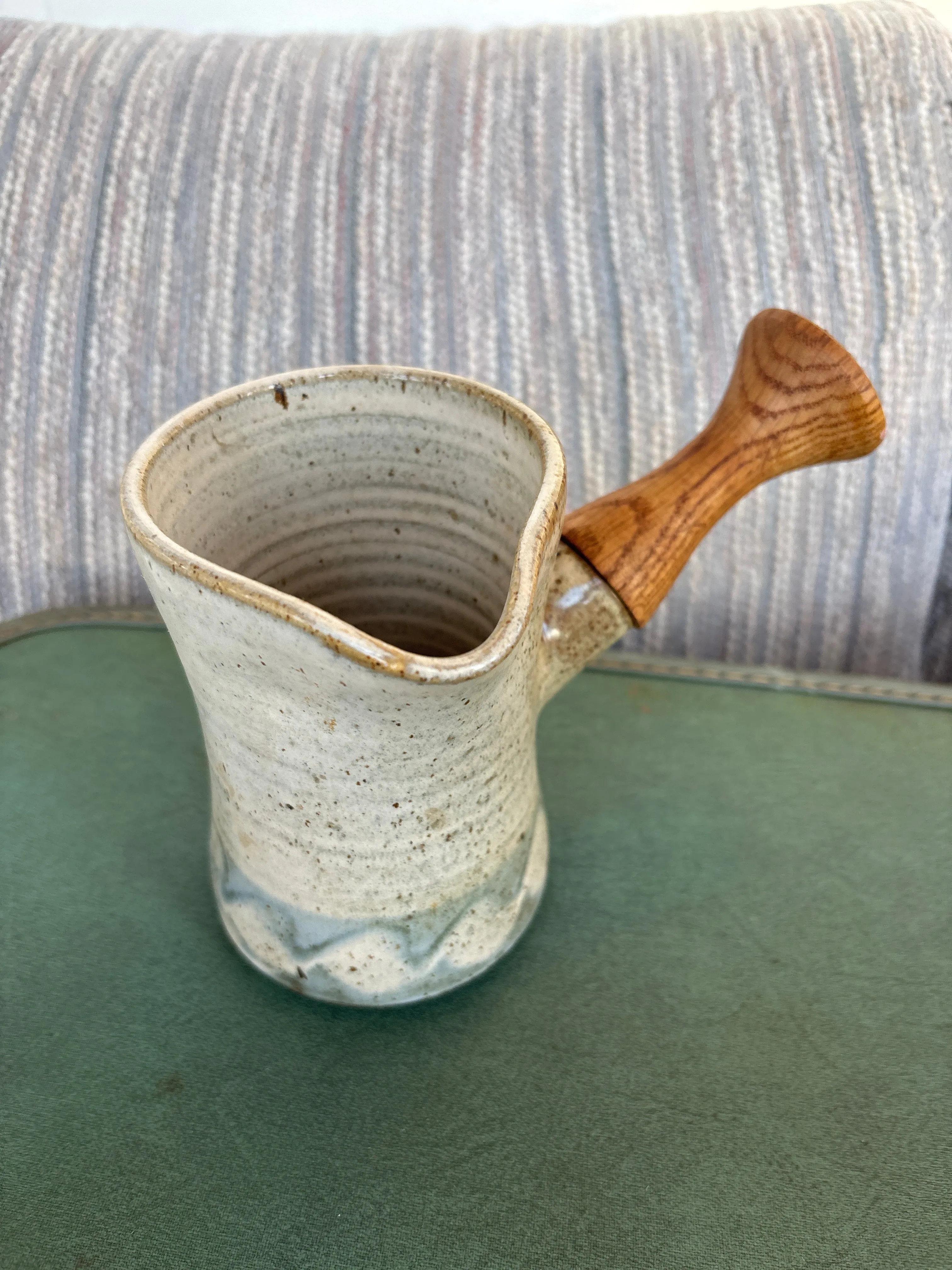 Delores Coan Pottery Hand Made Pitcher With Wood Handle