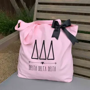 Delta Delta Delta Pink Canvas Tote Bag with Black Bow