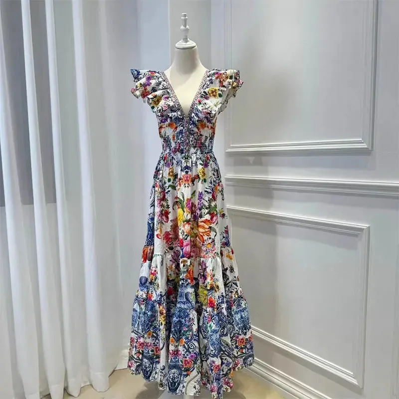 Designer Vintage Print Ruffled Sleeves Dress