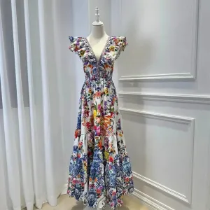 Designer Vintage Print Ruffled Sleeves Dress