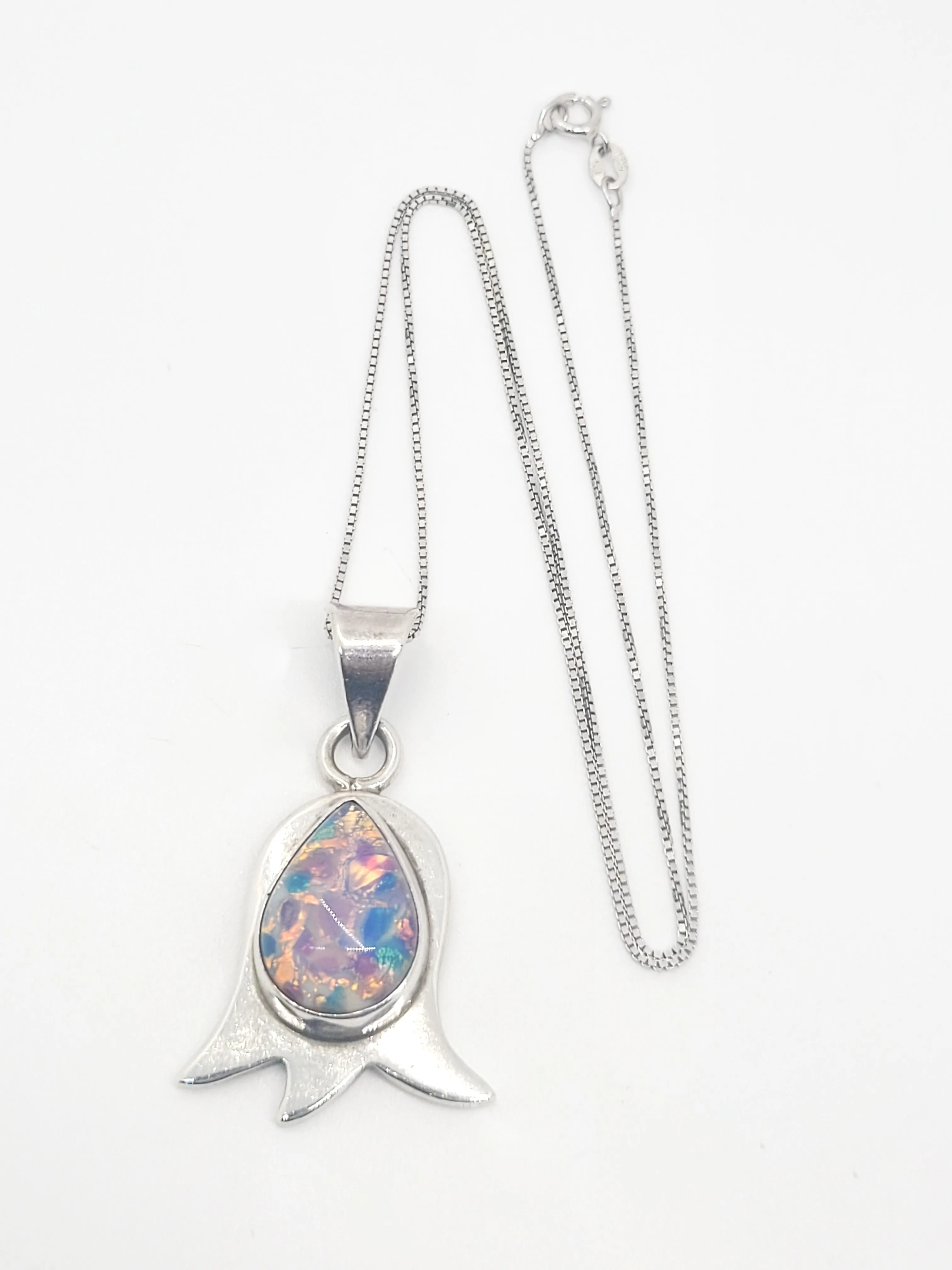 Dichroic glass vintage pink flower Taxco Mexican sterling silver necklace TC 319