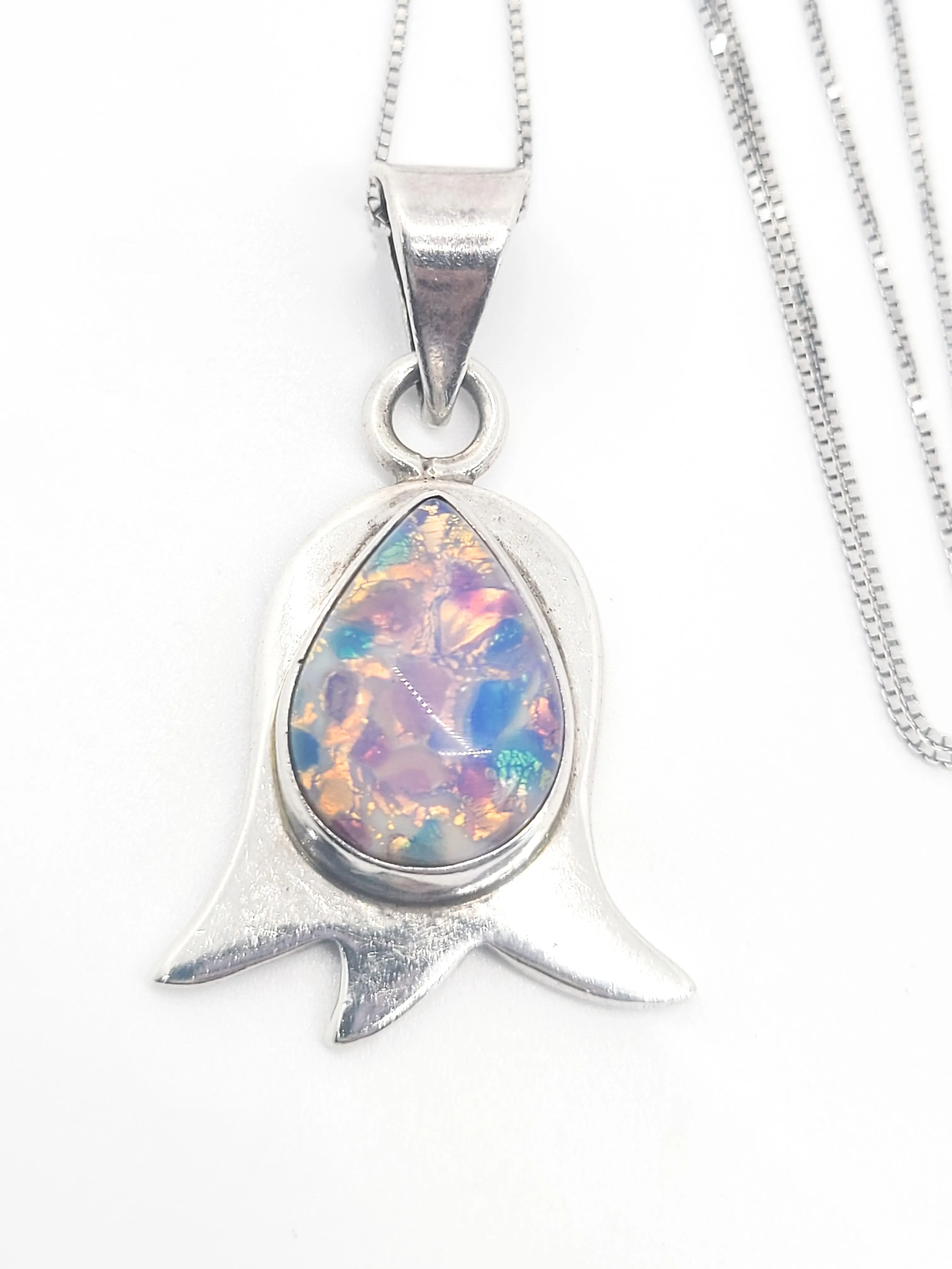 Dichroic glass vintage pink flower Taxco Mexican sterling silver necklace TC 319