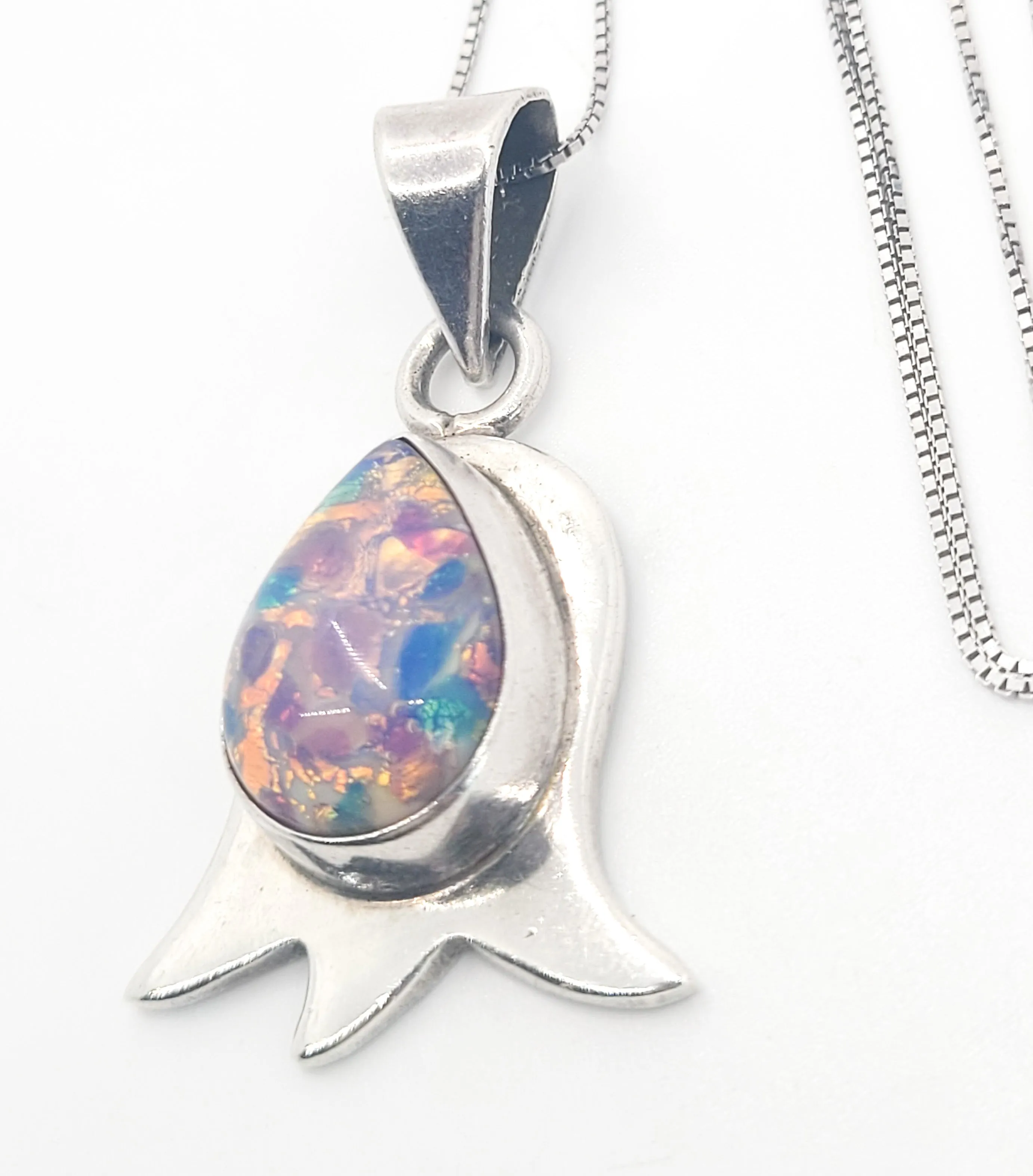 Dichroic glass vintage pink flower Taxco Mexican sterling silver necklace TC 319