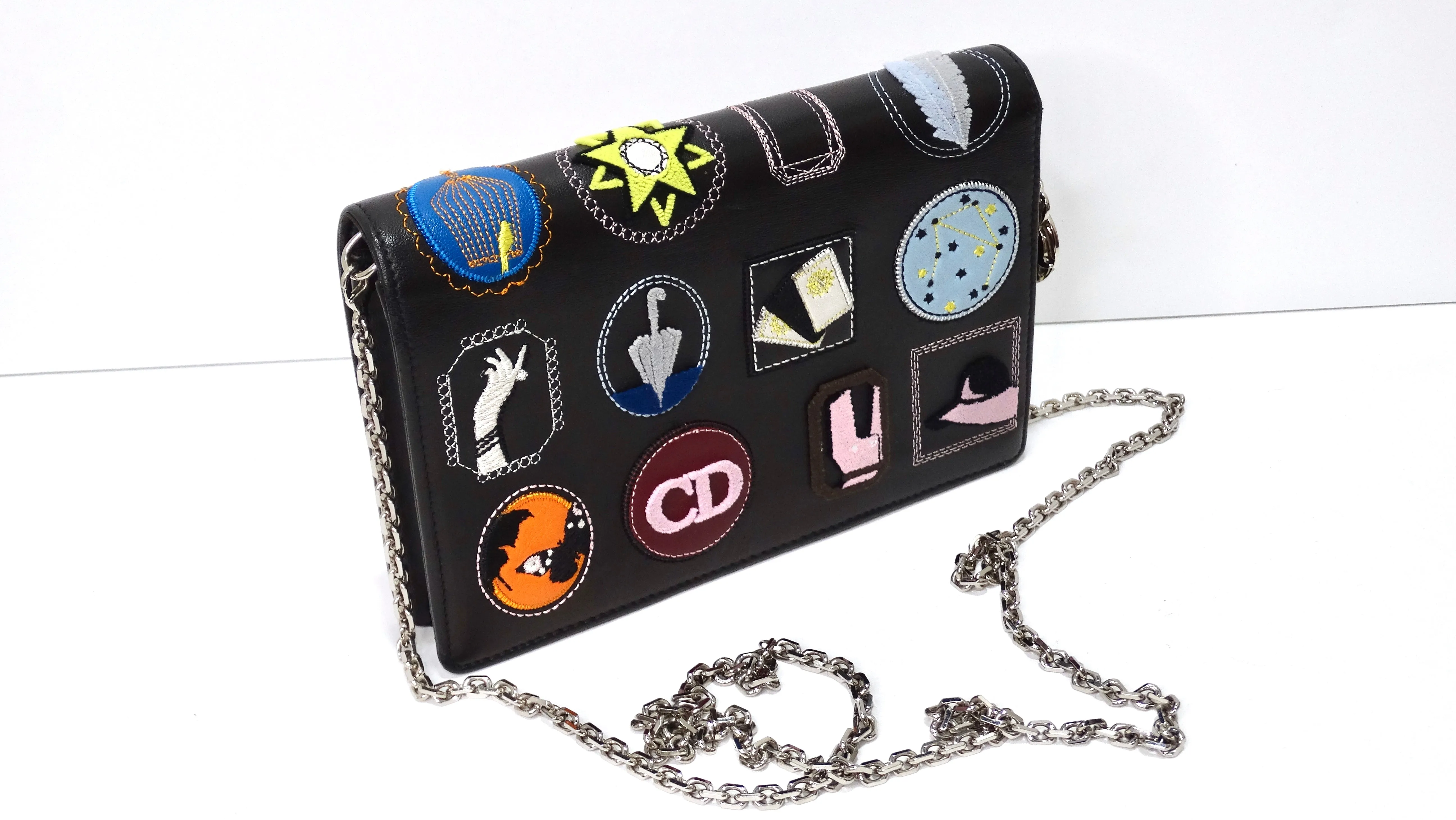 Dior Lady Handbag Patch Embellished Black Leather Shoulder Bag