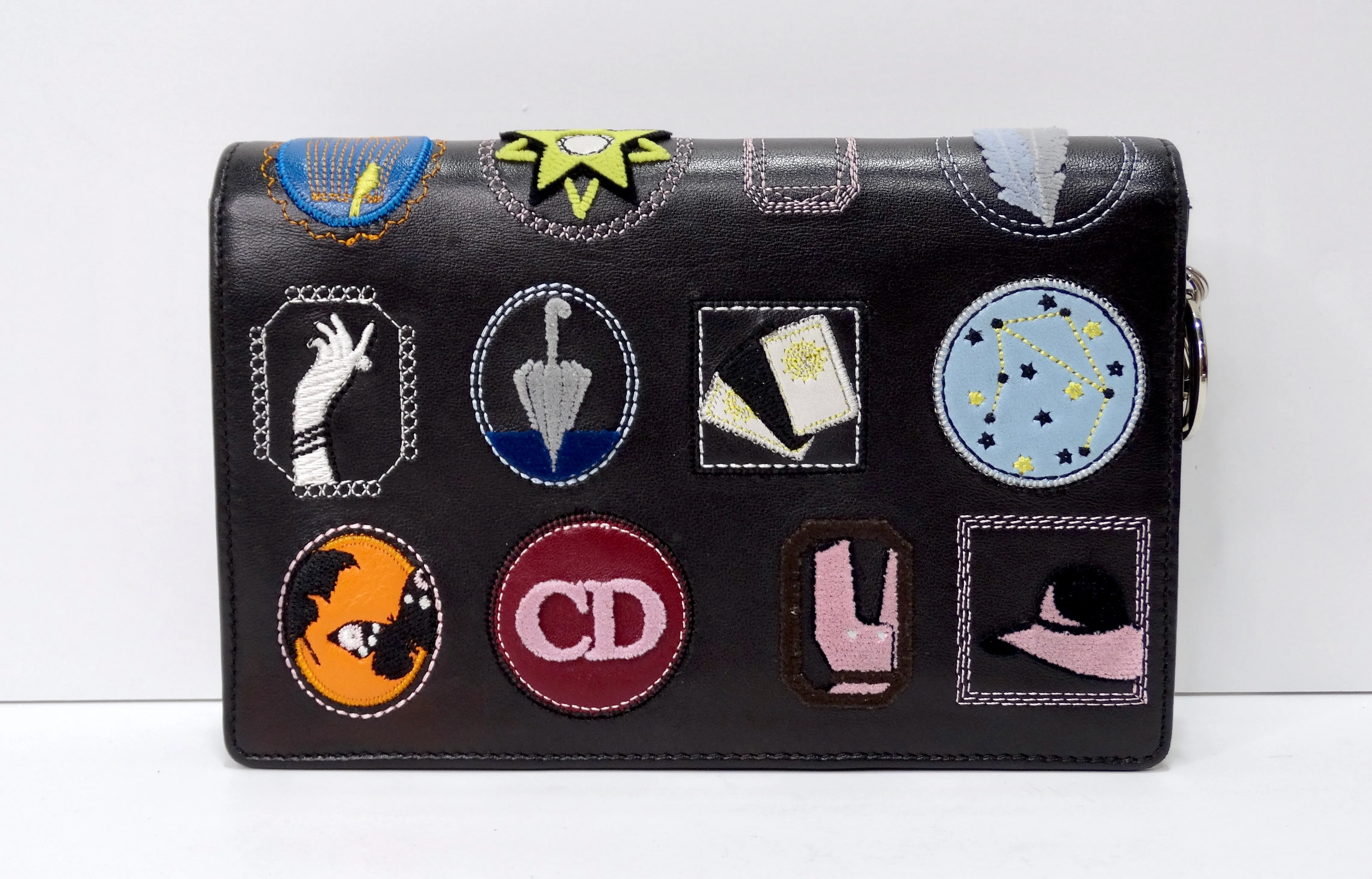 Dior Lady Handbag Patch Embellished Black Leather Shoulder Bag