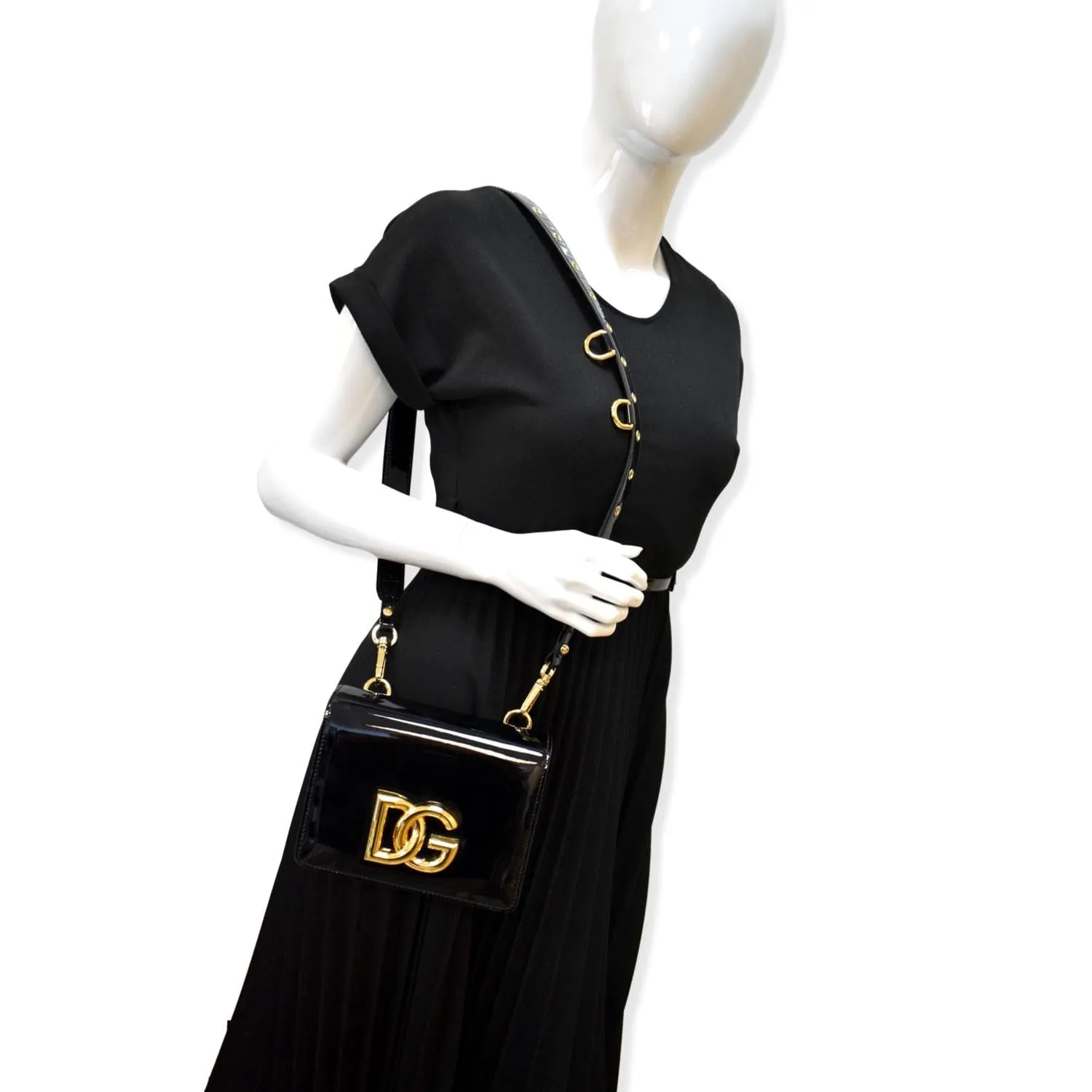 DOLCE & GABBANA Logo Patent Leather Crossbody Bag Black