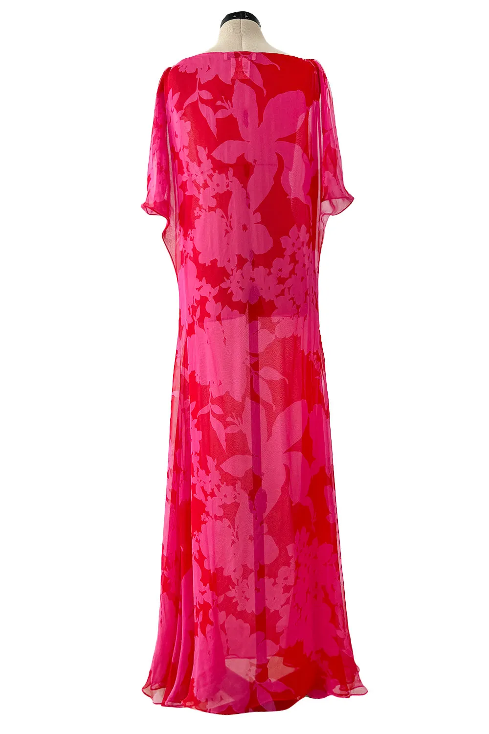 Dreamiest 1990s Yves Saint Laurent Oversized Floral Print Pink & Red Silk Chiffon Caftan Dress