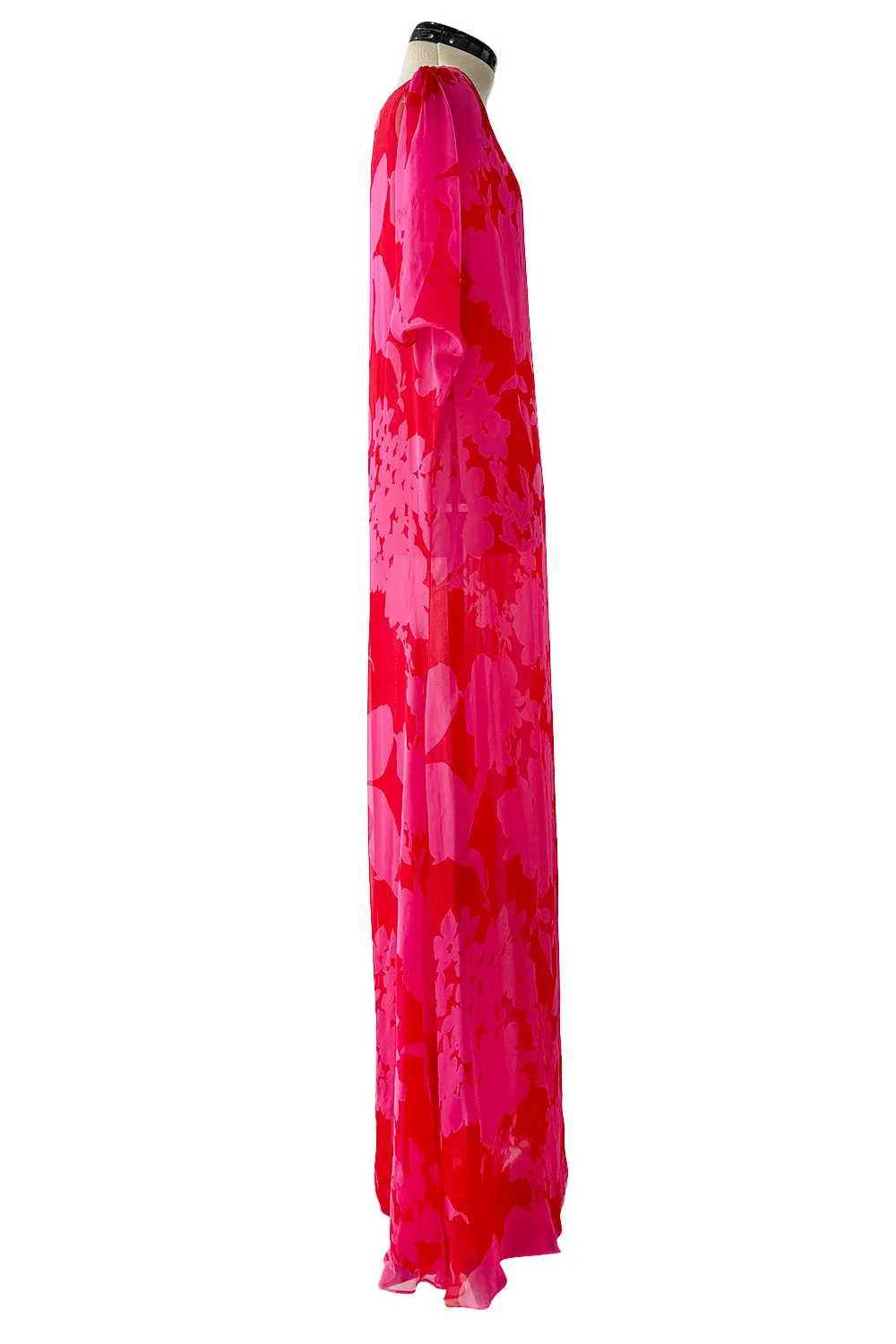 Dreamiest 1990s Yves Saint Laurent Oversized Floral Print Pink & Red Silk Chiffon Caftan Dress