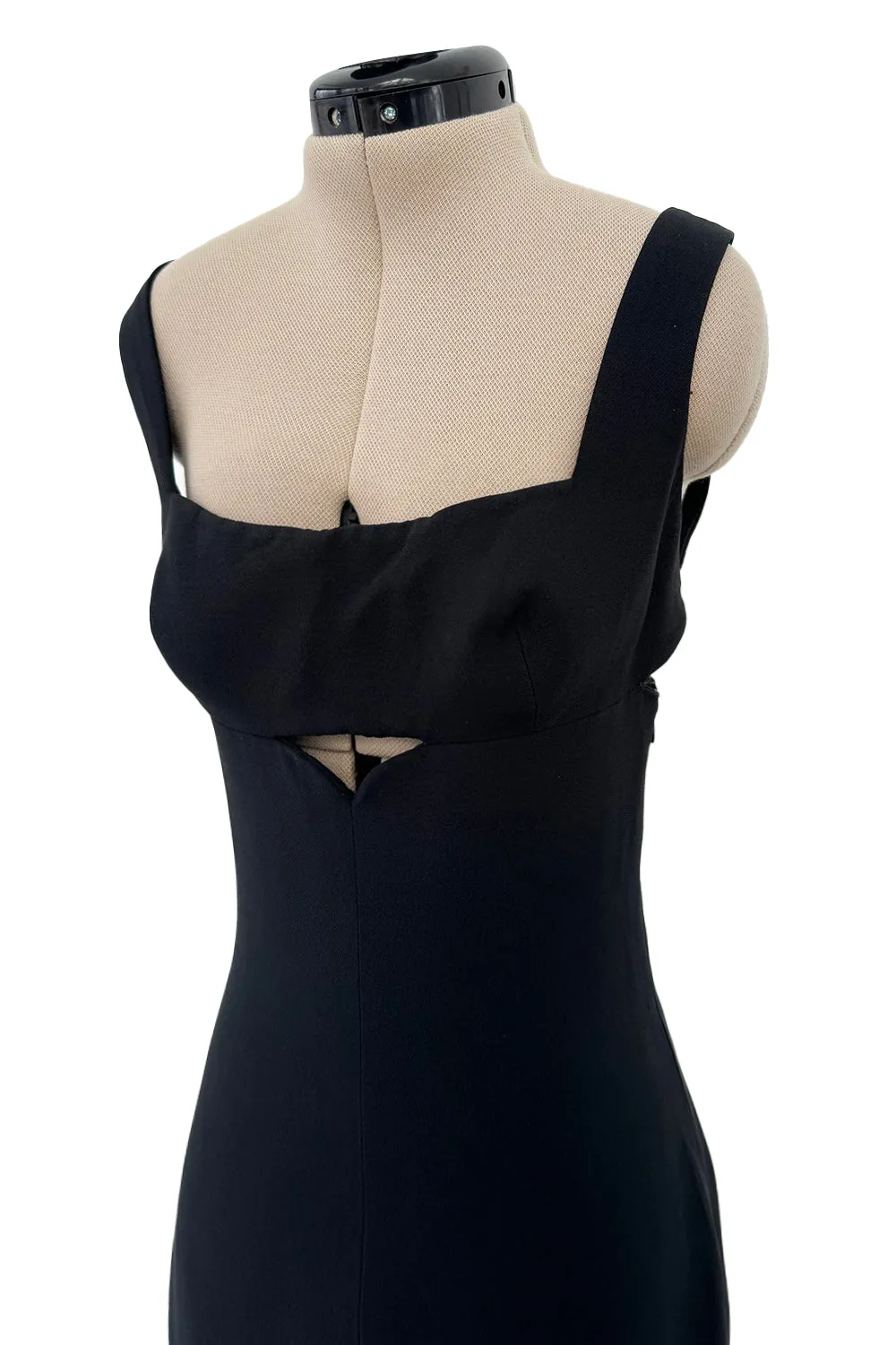 Dreamy 1990s Gianni Versace Couture Black Sculpted & Sleek Minimalist Dress w Front Cut Outs