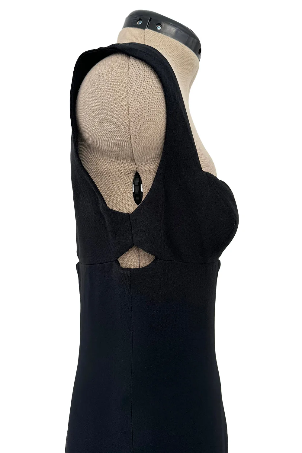 Dreamy 1990s Gianni Versace Couture Black Sculpted & Sleek Minimalist Dress w Front Cut Outs