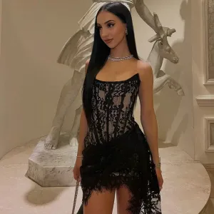 Elegant Lace Patchwork Mini Dress for Women Sleeveless Bodycon Black / White Backless Pleated Evening Cocktail Dress Birthday Party Clothing