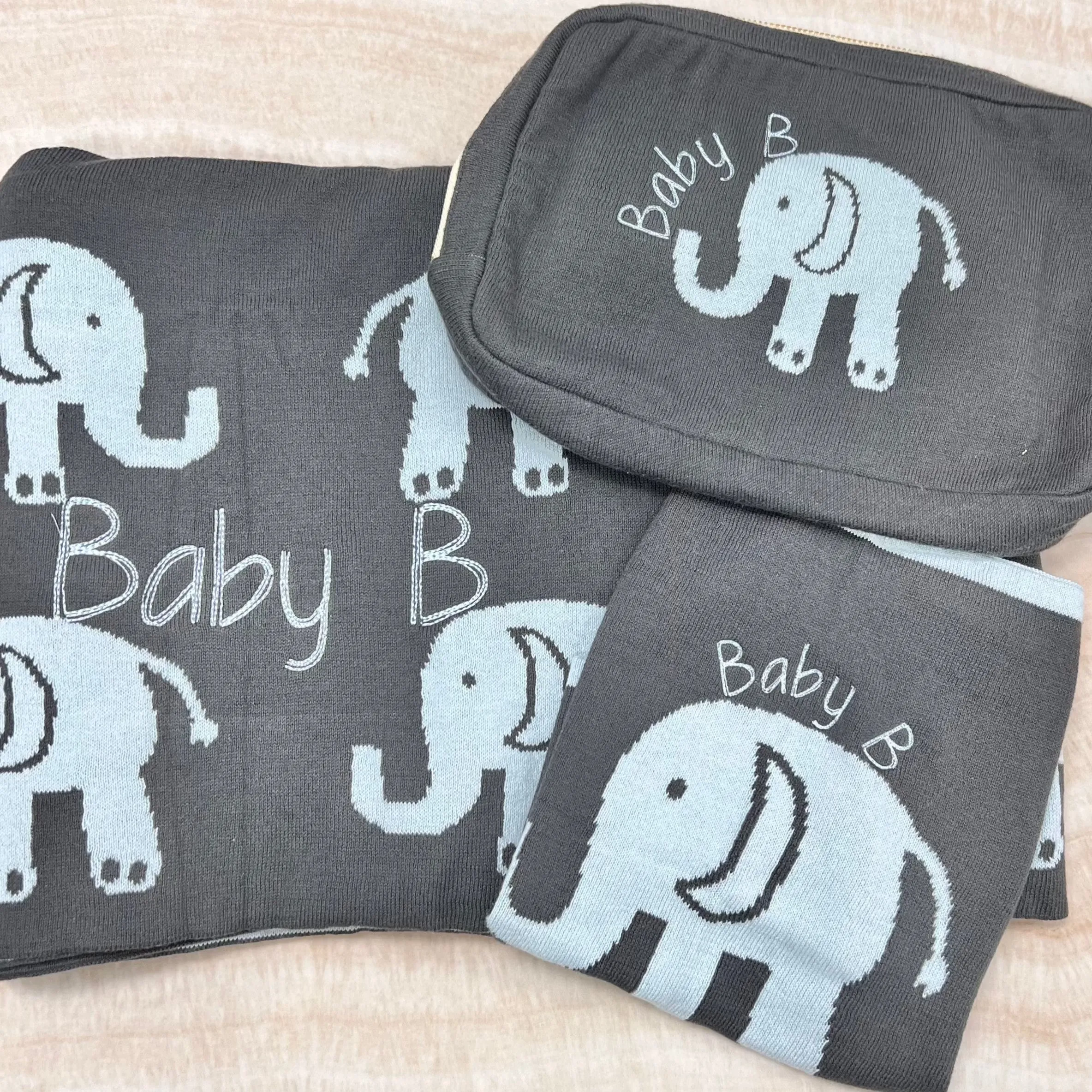 Elephant 3 Piece Knitted Baby Travel Set - Blue / Grey