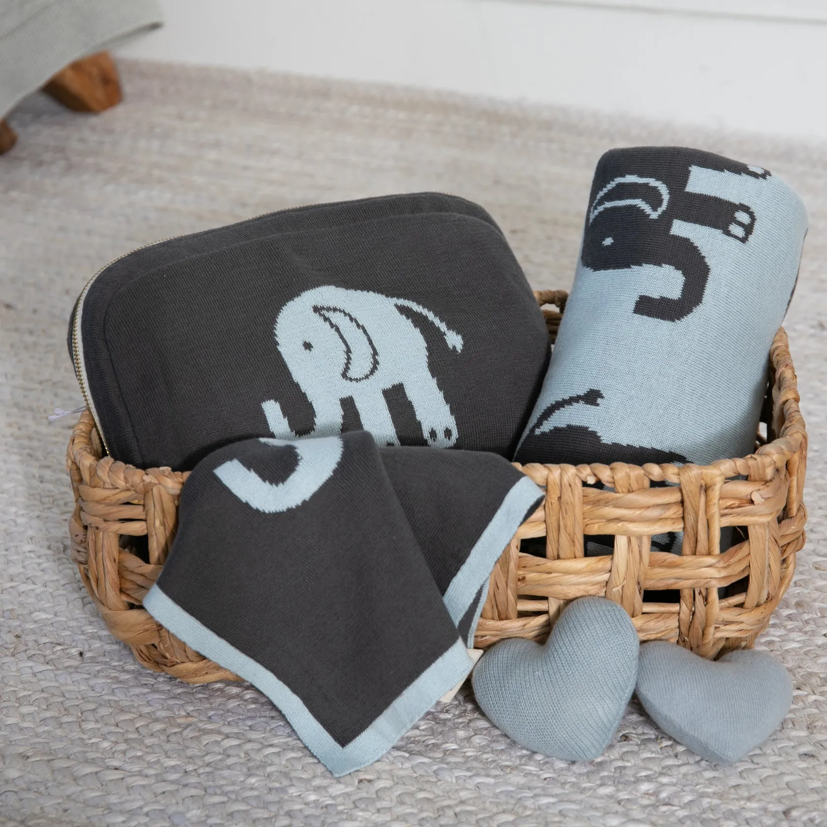 Elephant 3 Piece Knitted Baby Travel Set - Blue / Grey