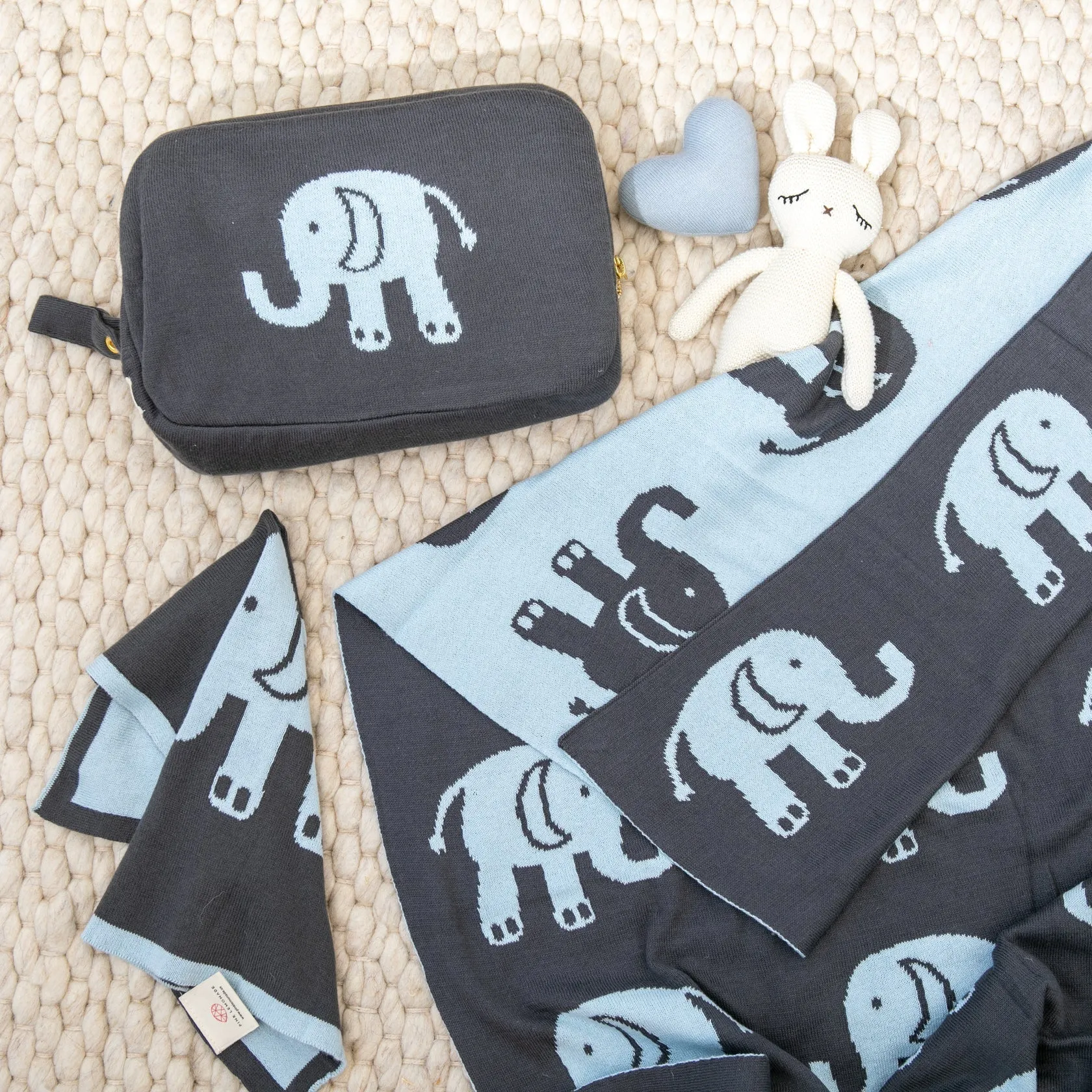 Elephant 3 Piece Knitted Baby Travel Set - Blue / Grey
