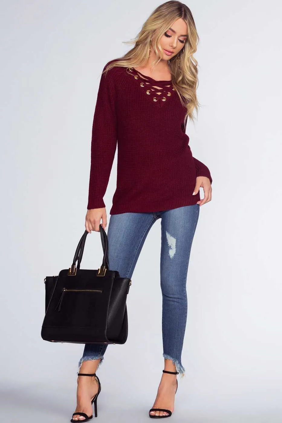 Elsa Lace Up Sweater - Burgundy