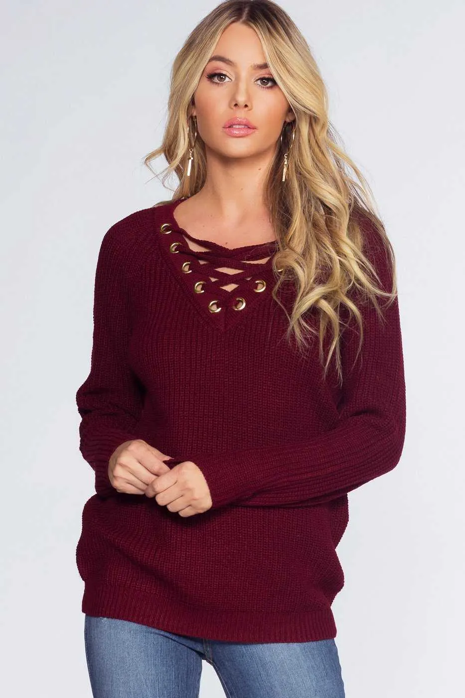 Elsa Lace Up Sweater - Burgundy