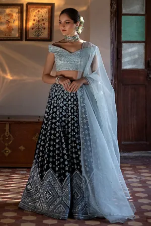 Embroidered Designer Velvet Blue Lehenga Choli #BN1241