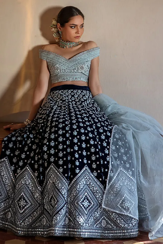 Embroidered Designer Velvet Blue Lehenga Choli #BN1241
