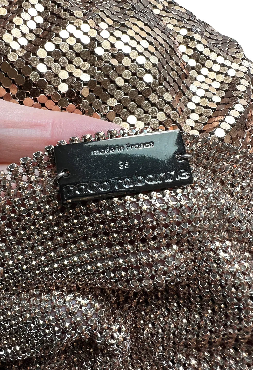 Fabulous Recent Paco Rabanne Oroton Gold Metal Mesh Dress w Snap Draping