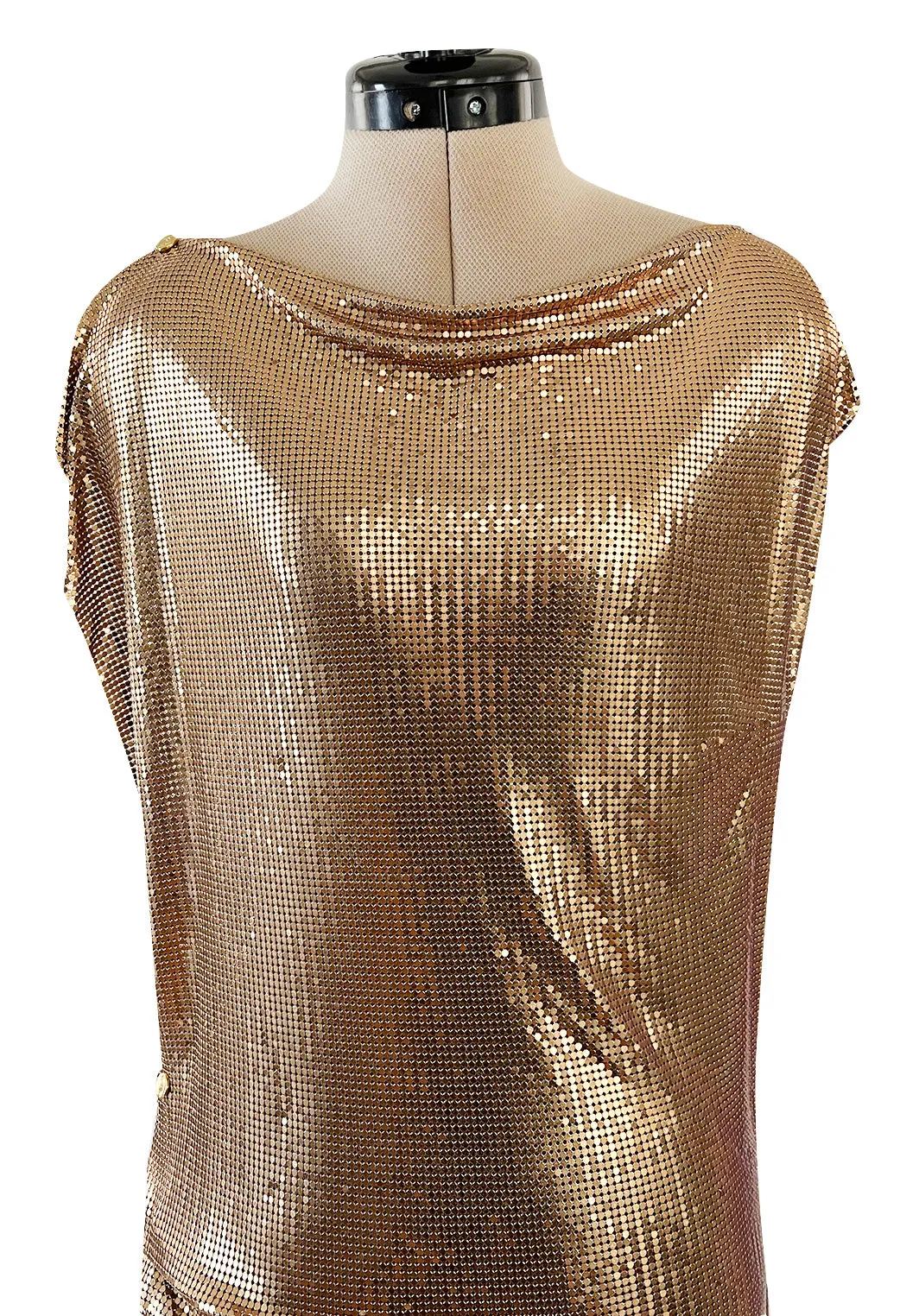 Fabulous Recent Paco Rabanne Oroton Gold Metal Mesh Dress w Snap Draping
