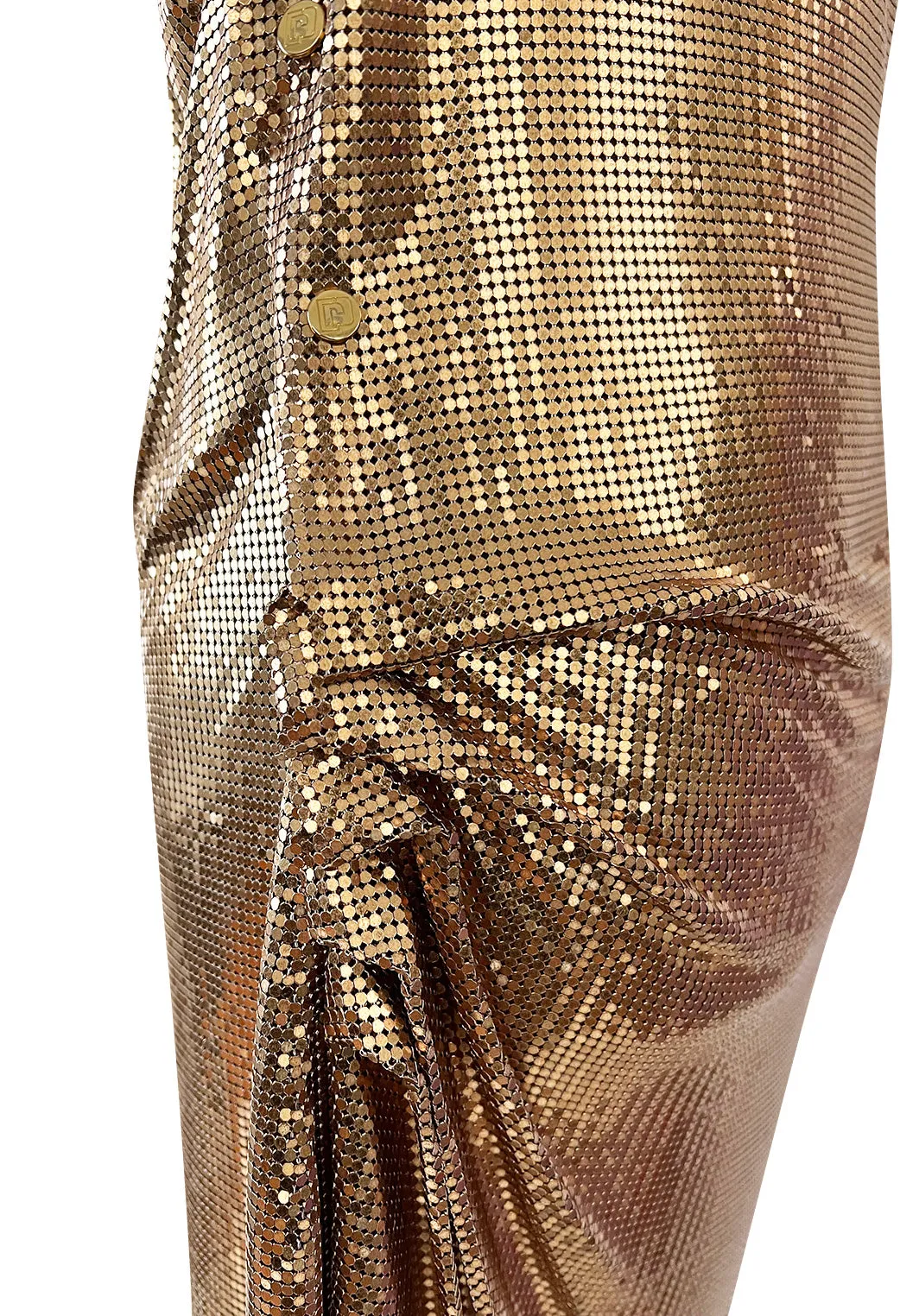 Fabulous Recent Paco Rabanne Oroton Gold Metal Mesh Dress w Snap Draping