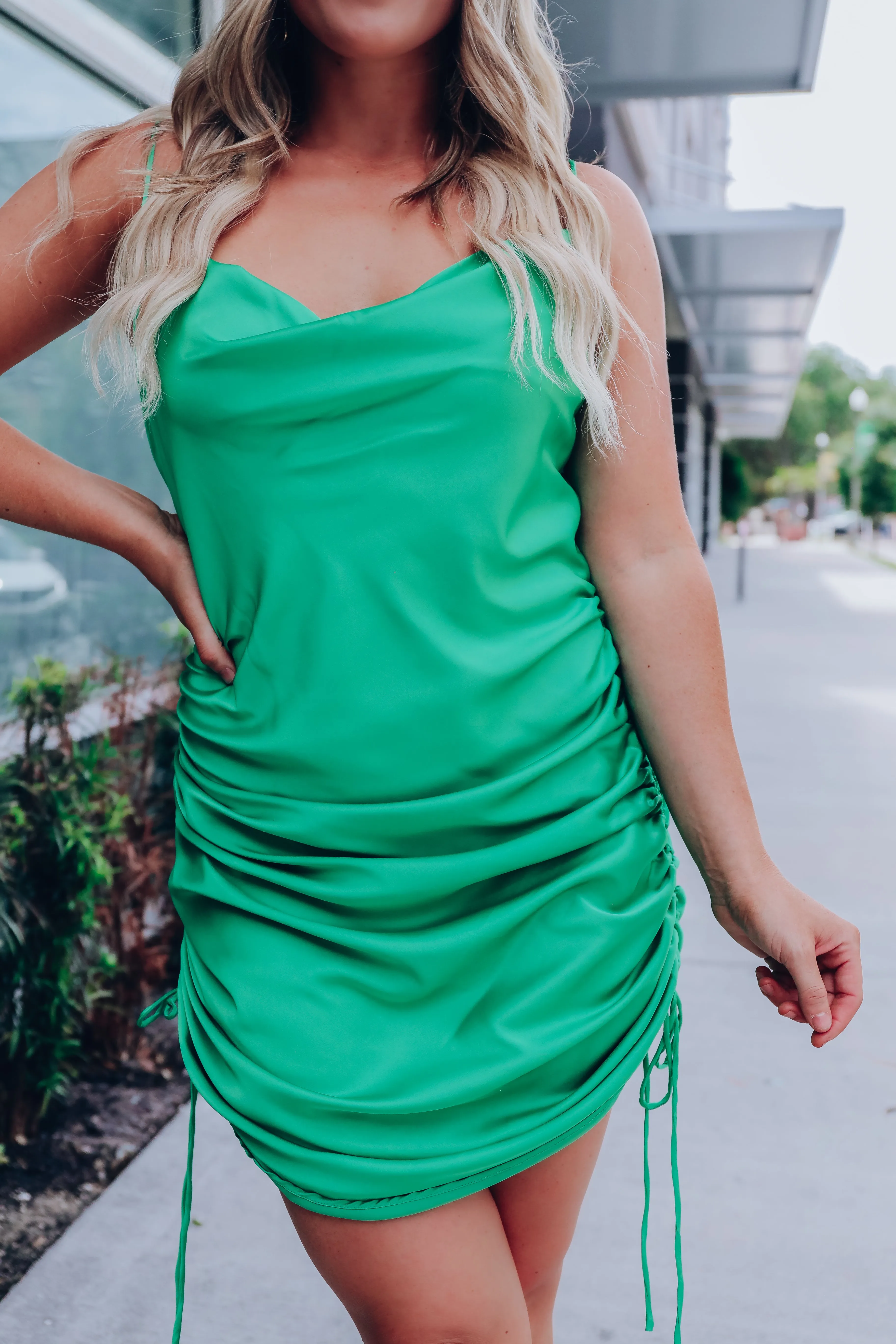 Fanciful Ruched Satin Slip Dress - Green
