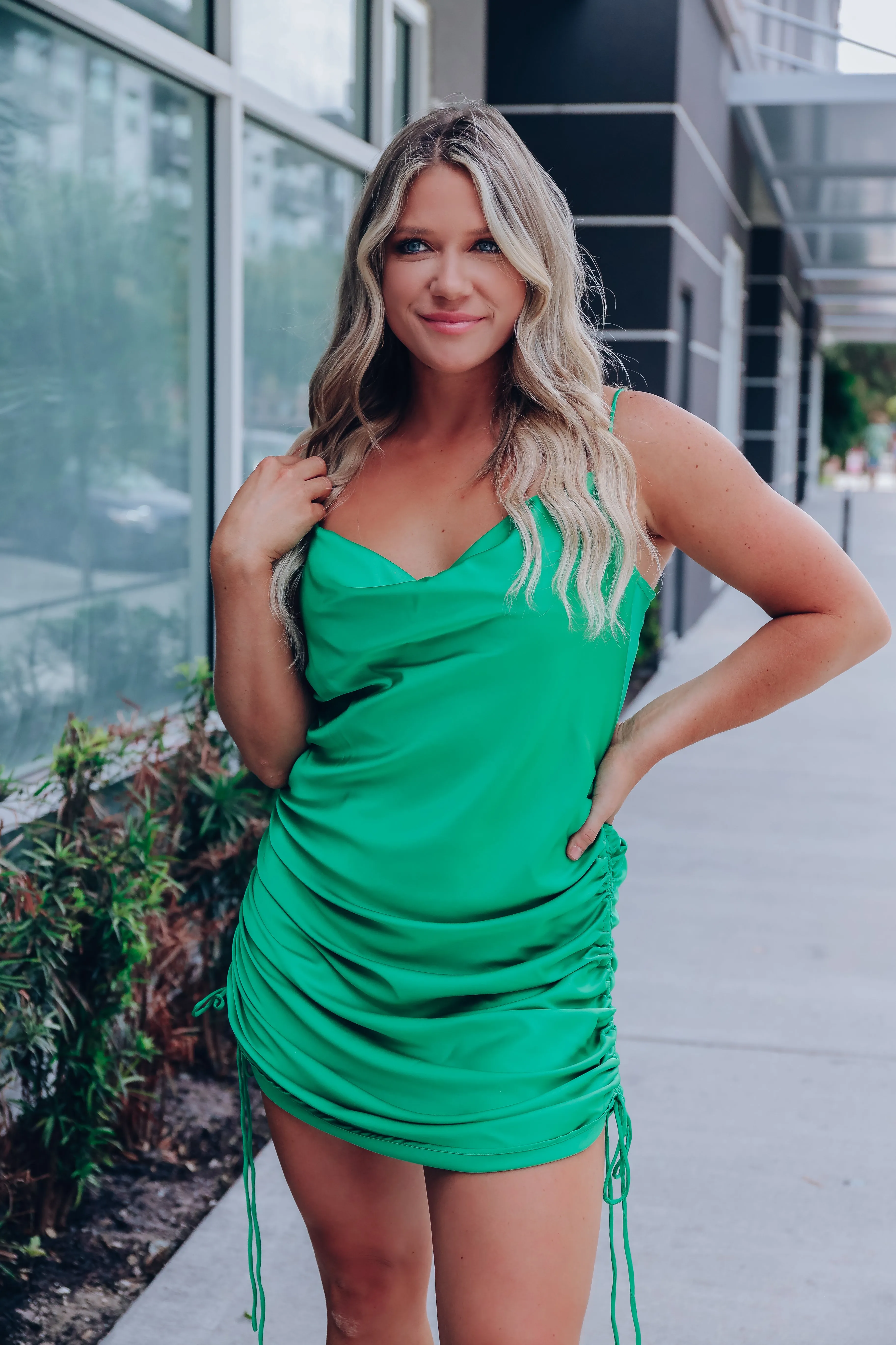 Fanciful Ruched Satin Slip Dress - Green