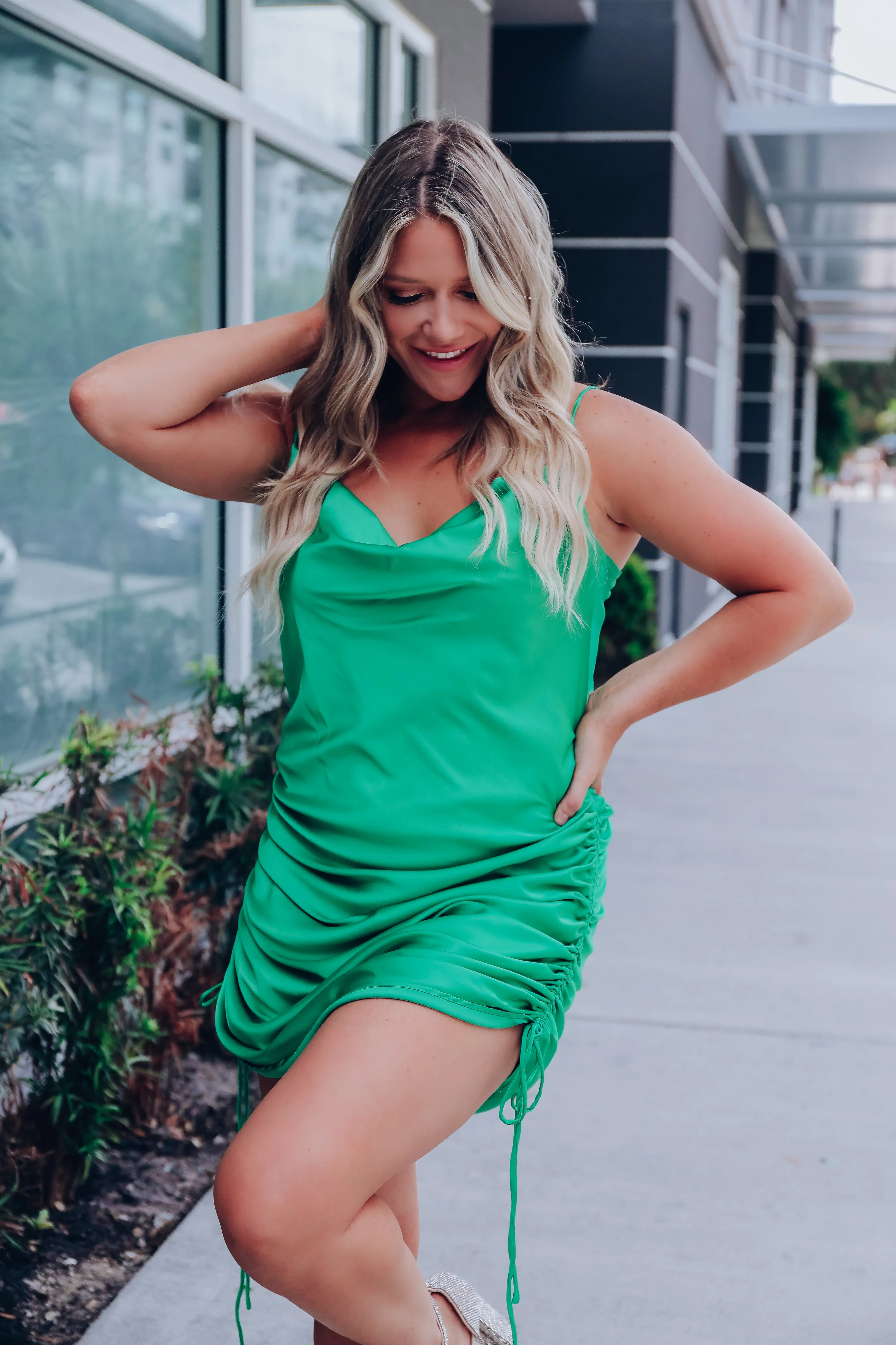 Fanciful Ruched Satin Slip Dress - Green