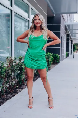 Fanciful Ruched Satin Slip Dress - Green