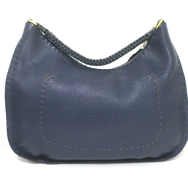 Fendi Selleria Hobo Navy Grained Leather Large Shoulder Bag