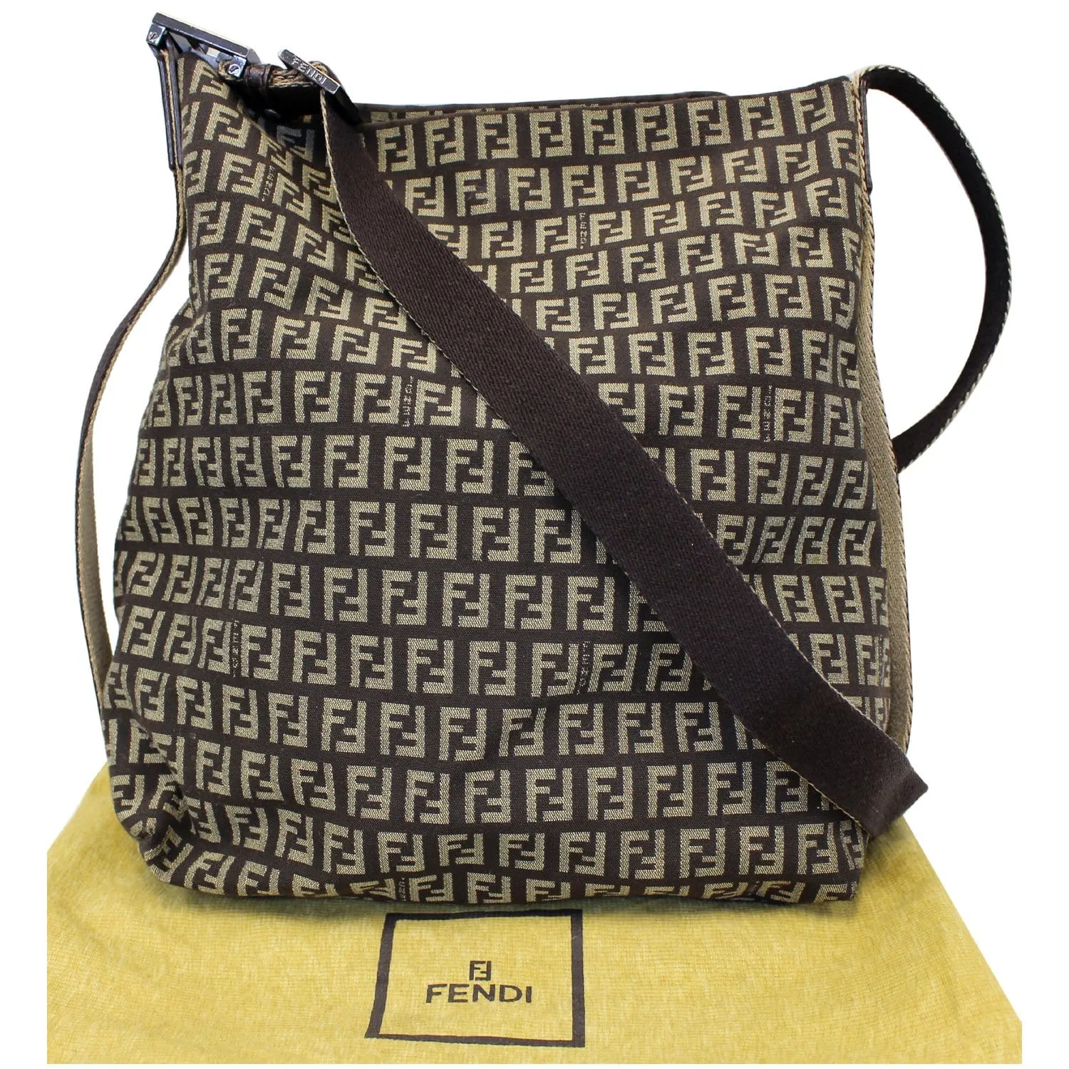 FENDI Zucchino Canvas Crossbody Bag Brown