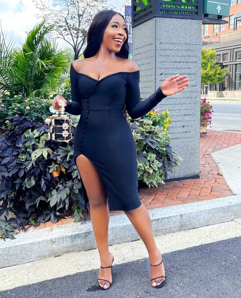 FINAL SALE! Jovie- Button Embellished High Slit Bandage Dress (CLEARANCE OUTLET! Final Sale/No Return/No Exchange!)