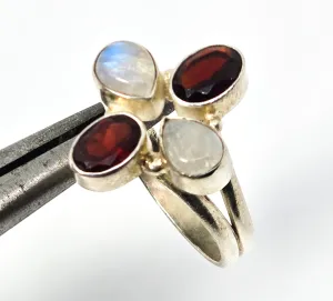 Flashy RainbowBlue Moonstone and garnet gemstone sterling silver ring size 8
