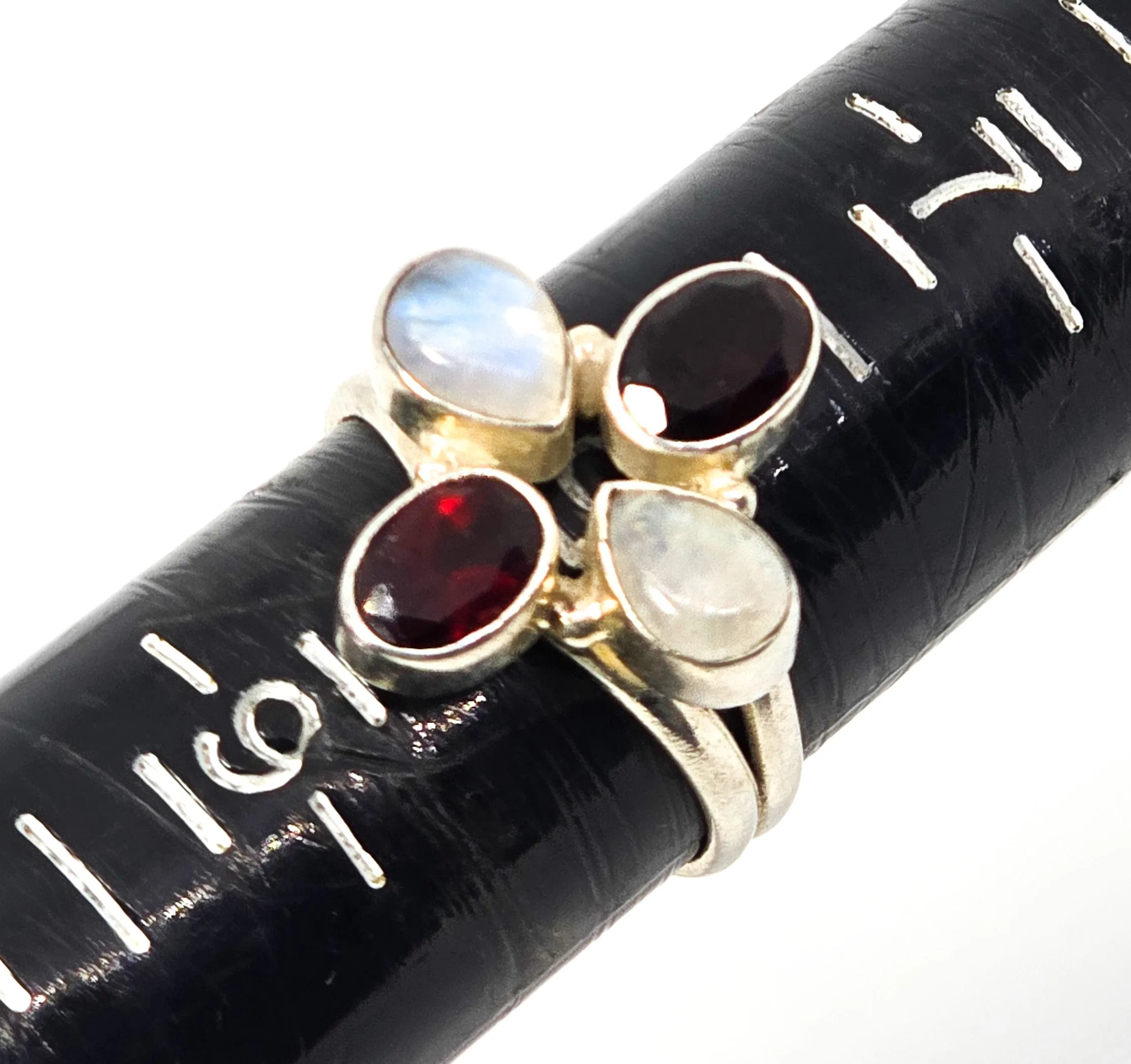 Flashy RainbowBlue Moonstone and garnet gemstone sterling silver ring size 8